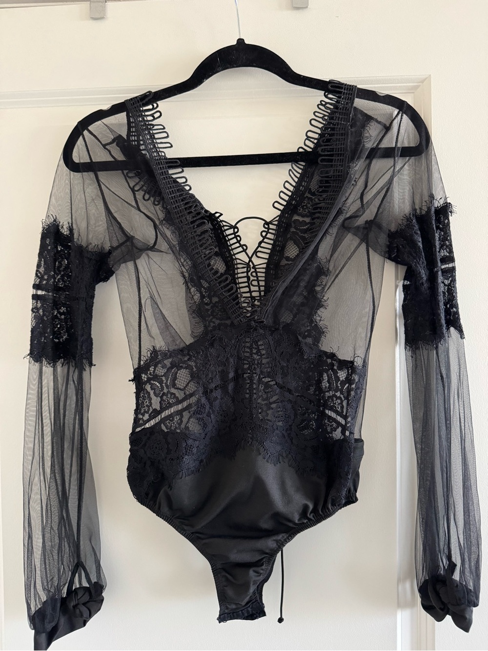 Black Sheer Lace V-Neck Long Sleeve Bodysuit